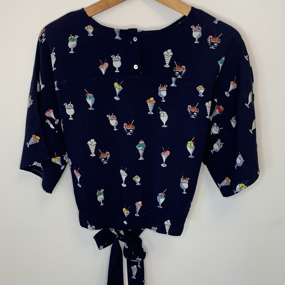 ZARA navy blue top short sleeves ice cream pattern front waist tie size large - Picture 3 of 11